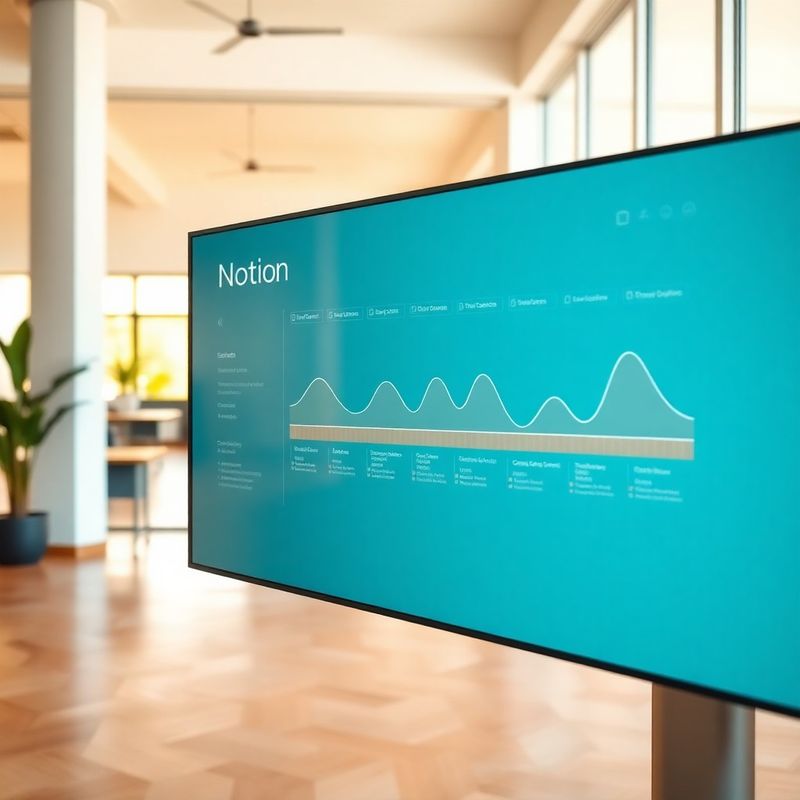 Tablero de pipeline editorial en Notion mostrado en un monitor grande
