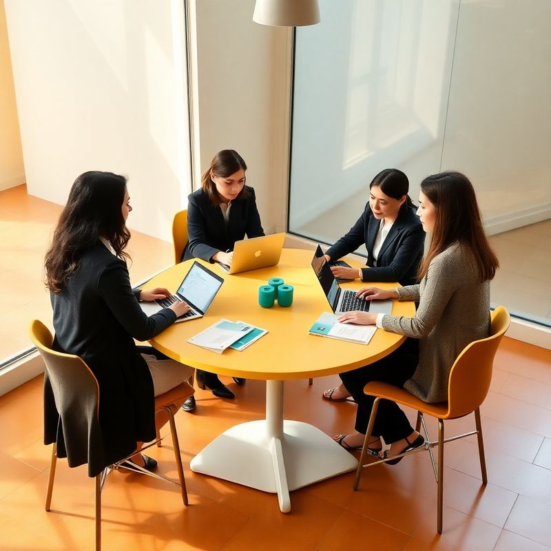 Taller con un pequeño equipo trabajando alrededor de una mesa con laptops y guías impresas