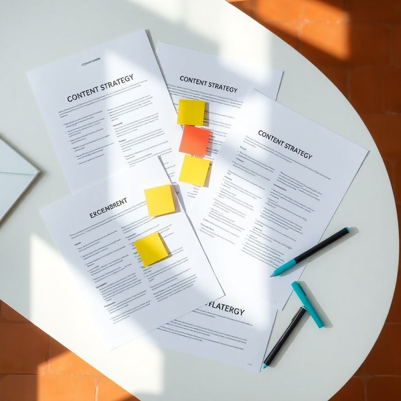 Documentos de estrategia editorial con notas de colores sobre un escritorio blanco